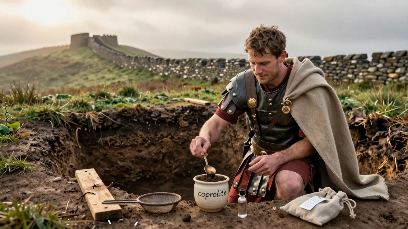 Homem em traje romano coleta amostras de terra junto a muralha antiga num ambiente rural.