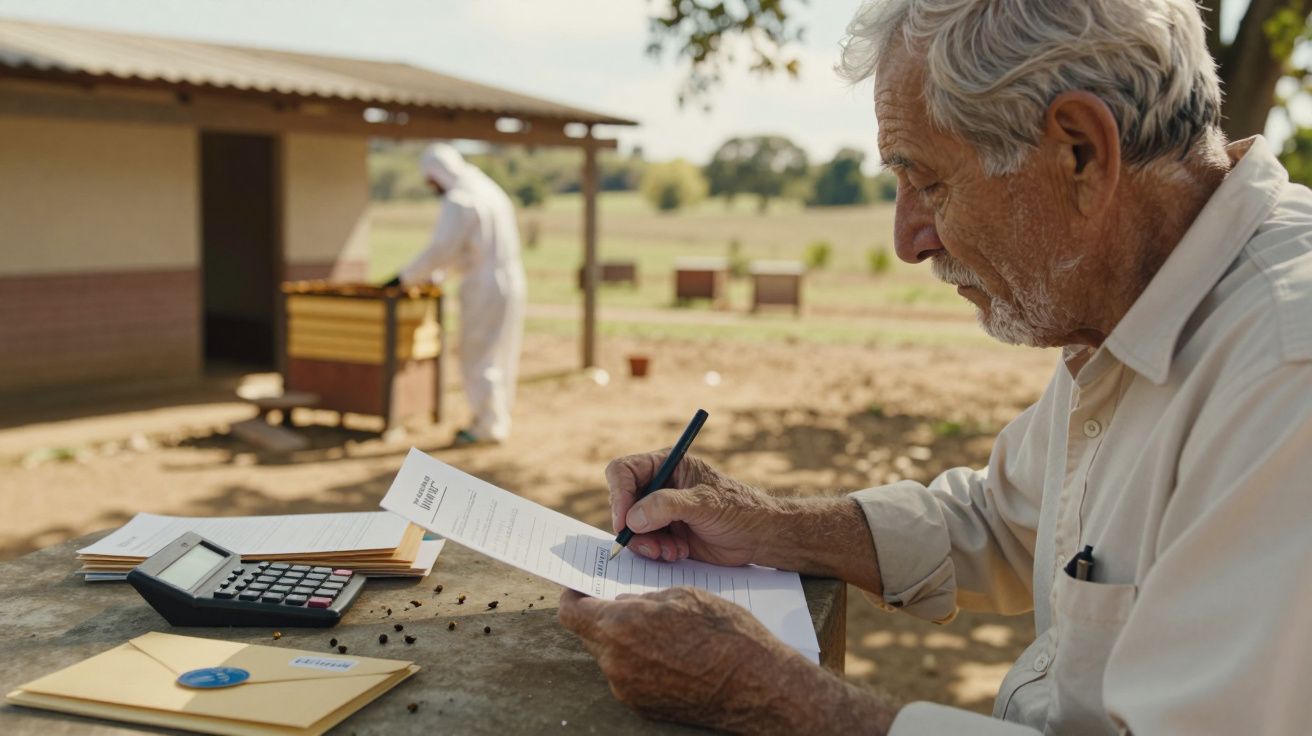 Idoso escrevendo em mesa ao ar livre com calculadora; apicultor ao fundo junto a colmeia.