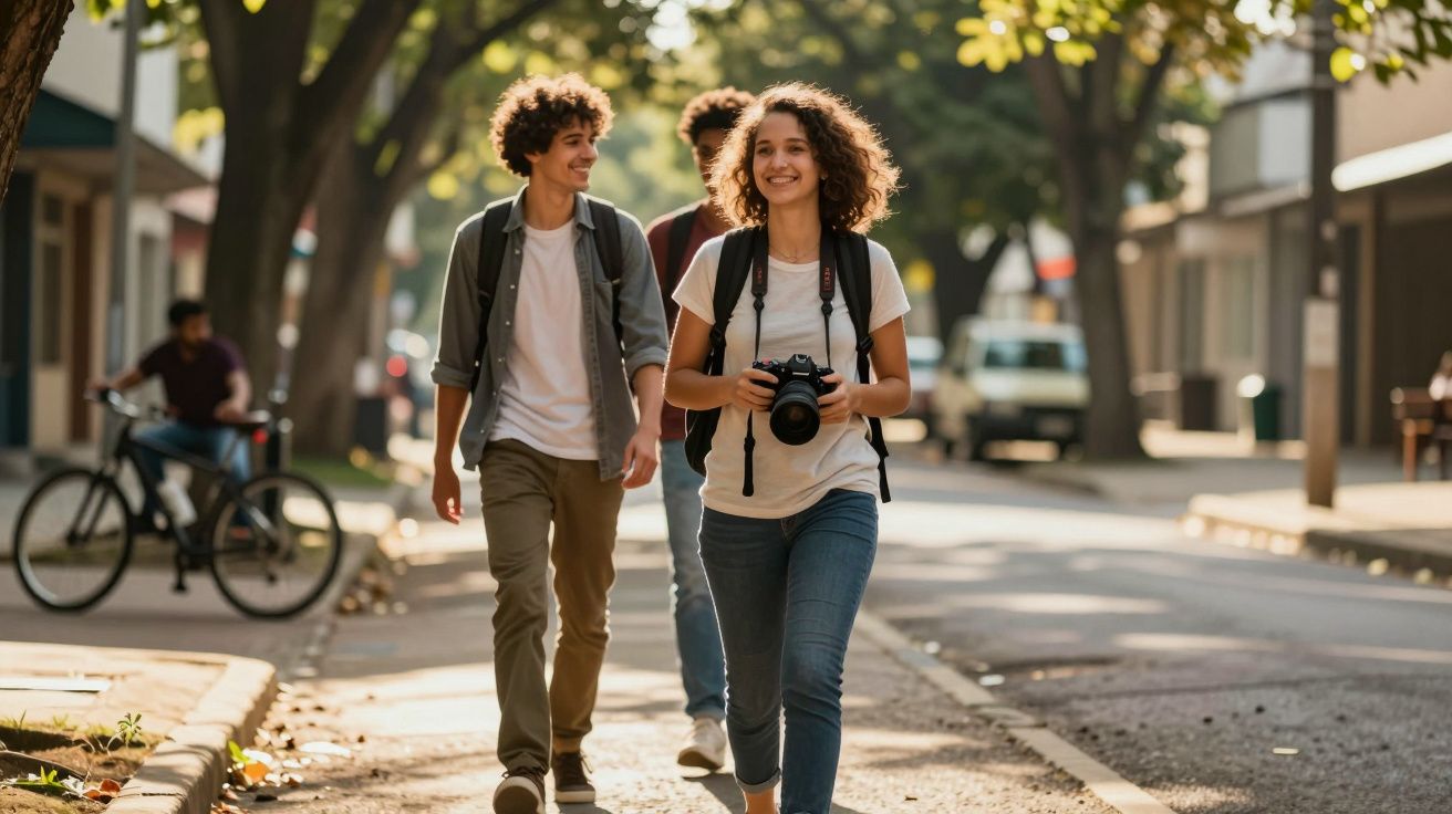 Três jovens a caminhar numa rua à sombra, em dia ensolarado; um deles segura uma câmara fotográfica.