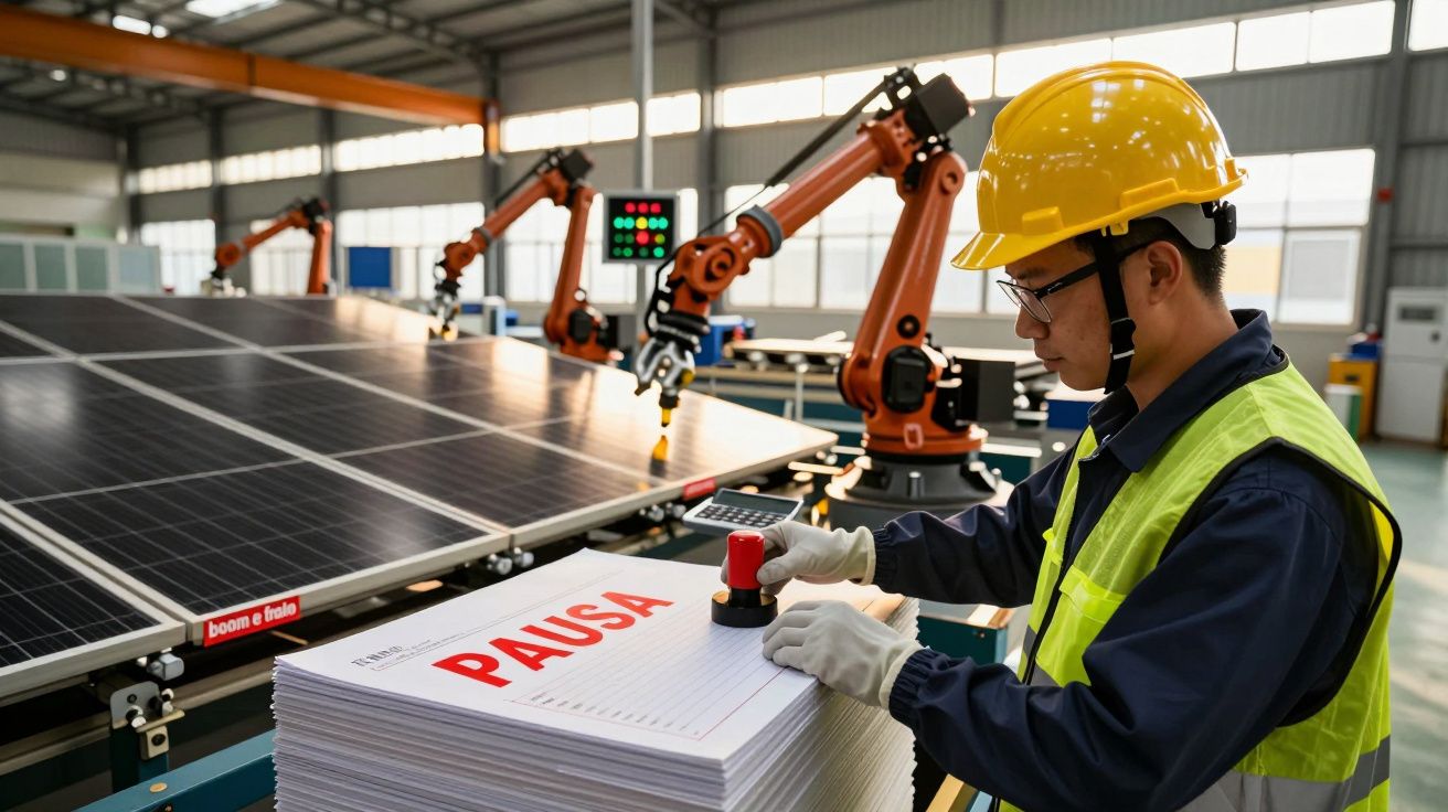 Trabalhador num armazém com robôs e painéis solares, carimba "Pausa" em documentos.