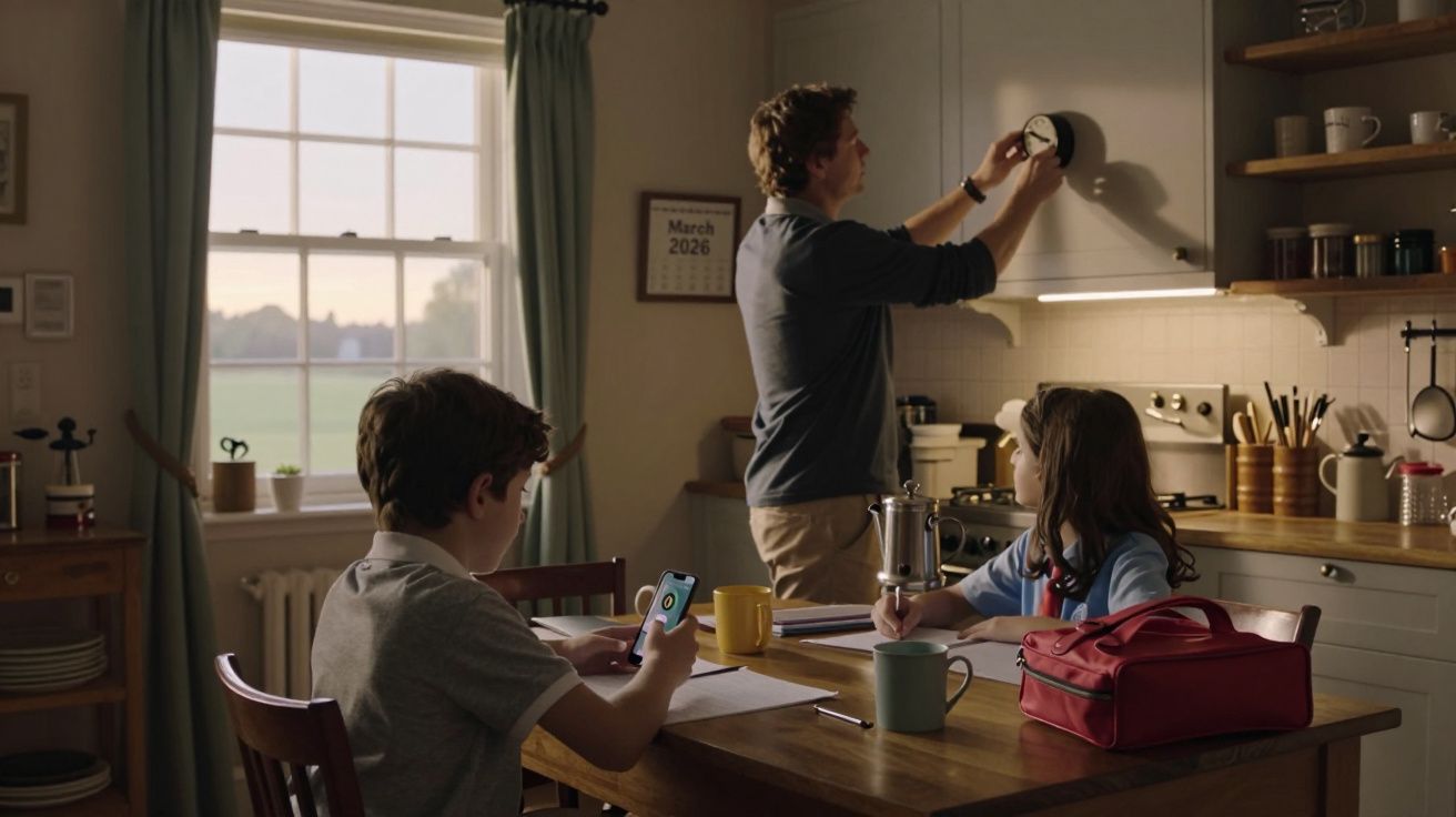 Pai ajusta relógio na cozinha, enquanto duas crianças estão numa mesa com livros e telemóveis.