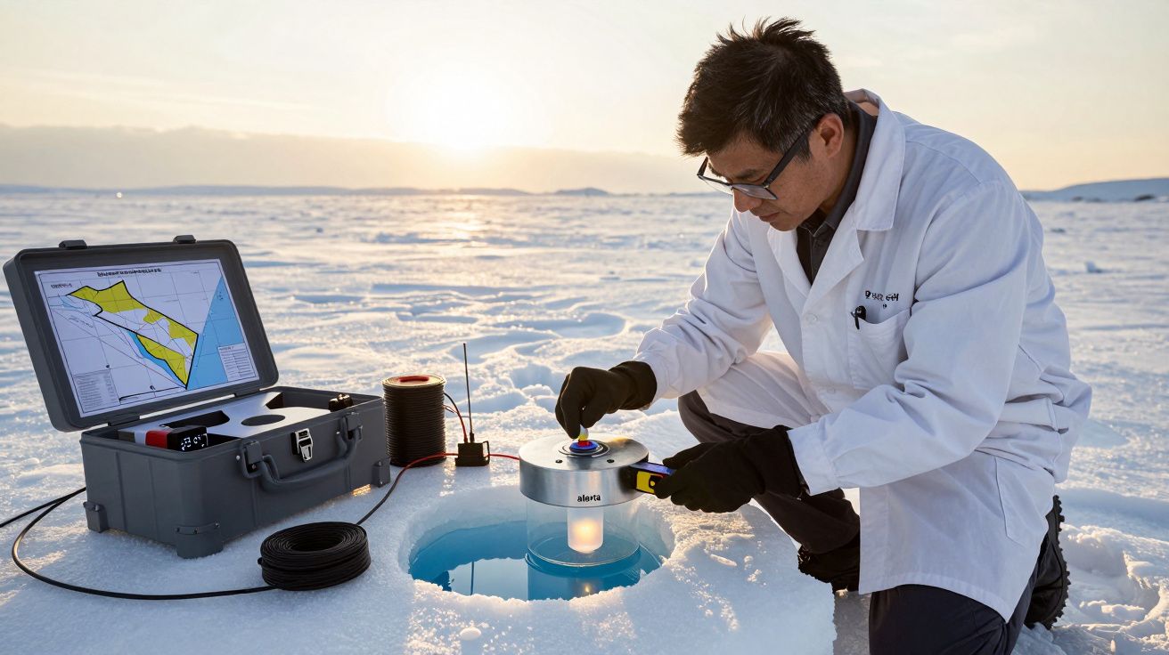 Cientista coleta dados em gelo ártico, usando equipamento e sensores ao lado de computador portátil numa mala cinza.