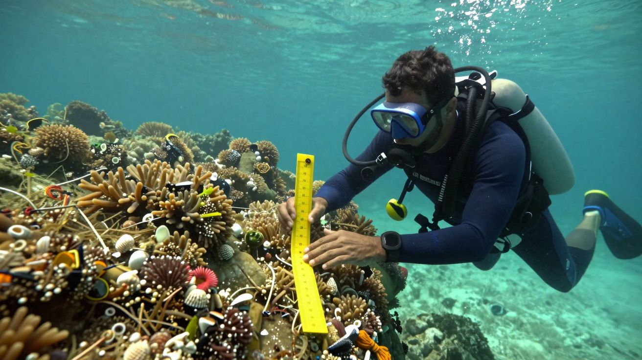 Mergulhador com fato e máscara mede corais debaixo de água usando régua amarela, rodeado por recife colorido.