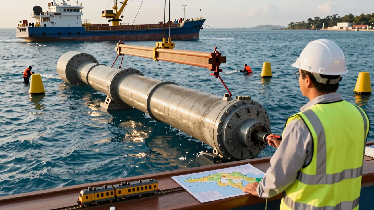 Engenheiro supervisiona instalação de tubulação marítima, com trabalhadores e navio ao fundo.