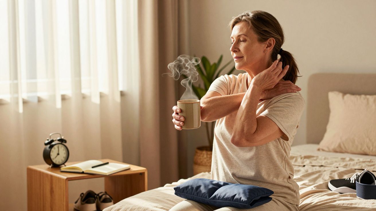 Mulher sentada na cama, segurando uma caneca de café quente, almofada azul no colo, despertador na mesa.