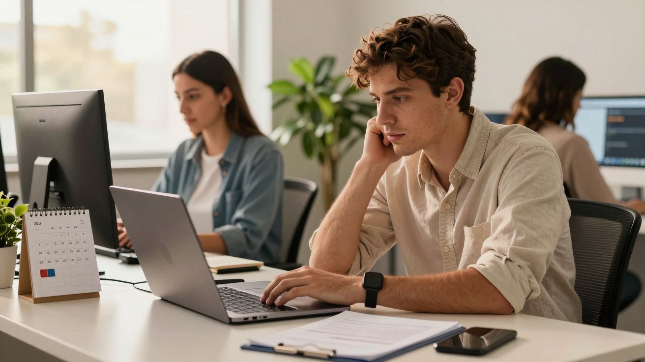 Dois jovens trabalham em computadores num escritório moderno e iluminado.