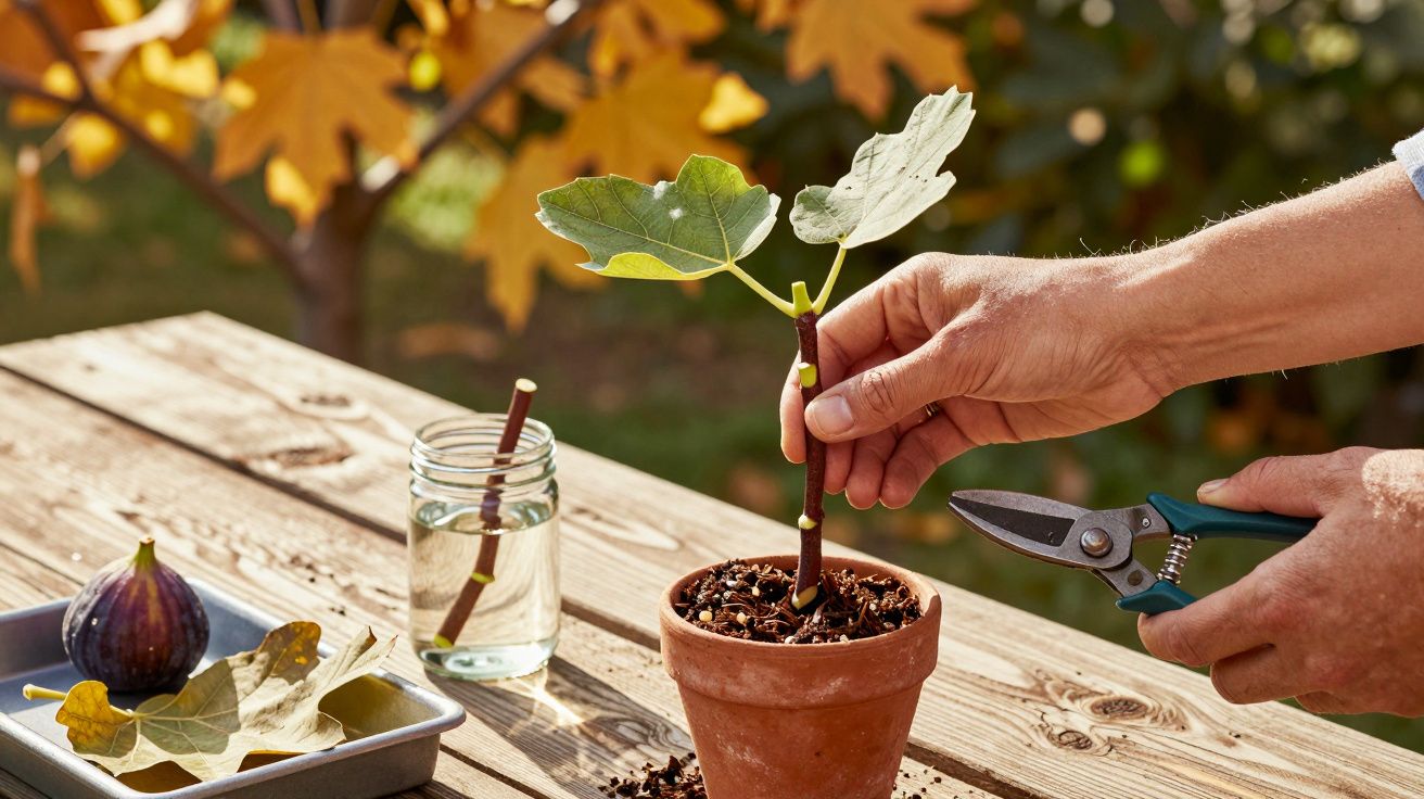 Mãos a podar um ramo de figueira numa pequena vaso de barro, ao ar livre, com folhas e figo numa mesa de madeira.