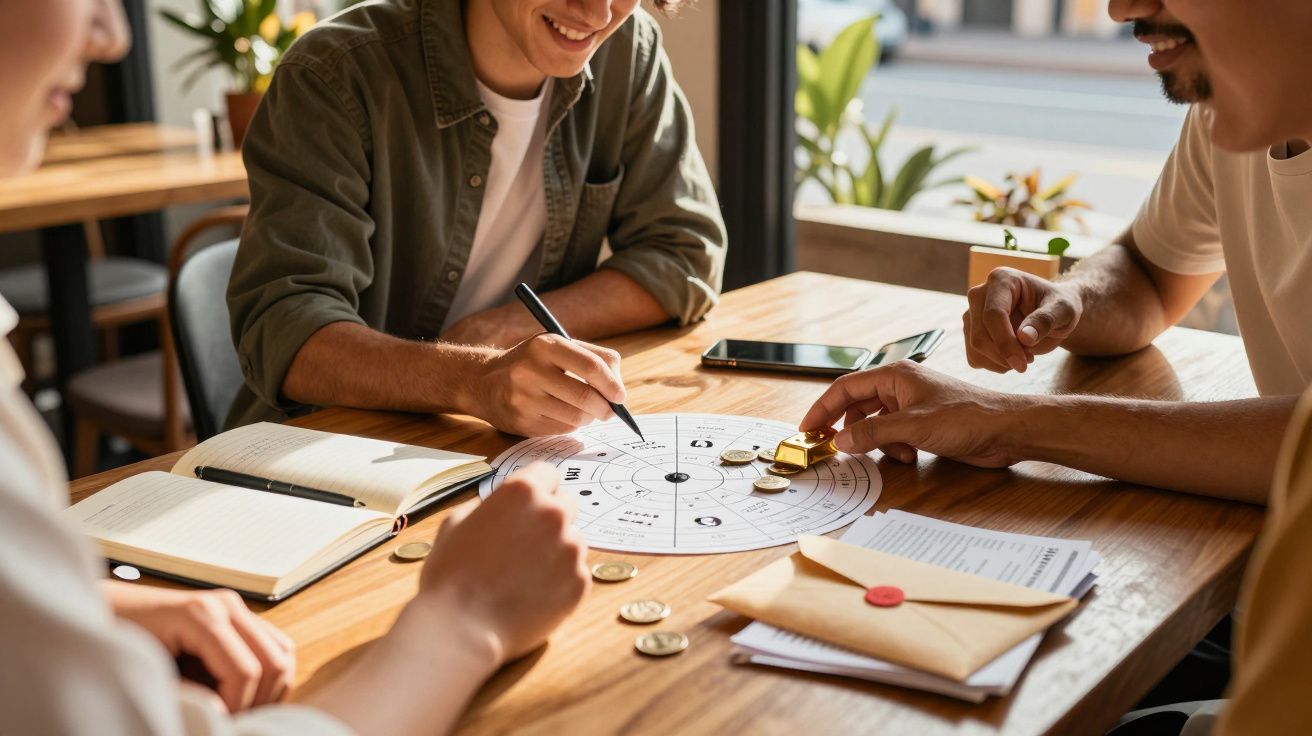 Três pessoas reúnem-se à mesa, analisando um diagrama com moedas e documentos, num ambiente de café iluminado.