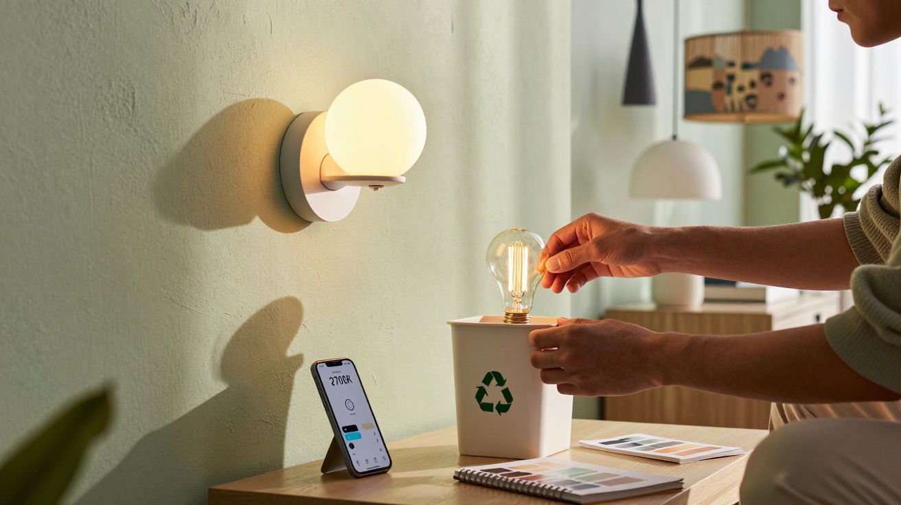 Pessoa coloca lâmpada antiga numa caixa de reciclagem sobre mesa, com telemóvel ao lado, luz acesa na parede.