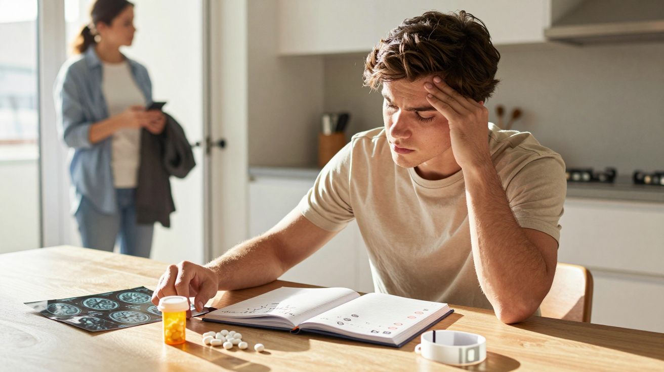 Homem pensativo à mesa com comprimidos e livro aberto. Pessoa ao fundo com casaco.