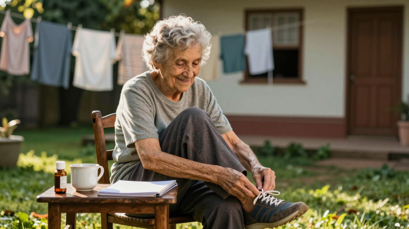 Idosa sentada num jardim, a atar os sapatos. Ao lado, uma mesa com chávena, bloco de notas e frasco; roupa a secar.