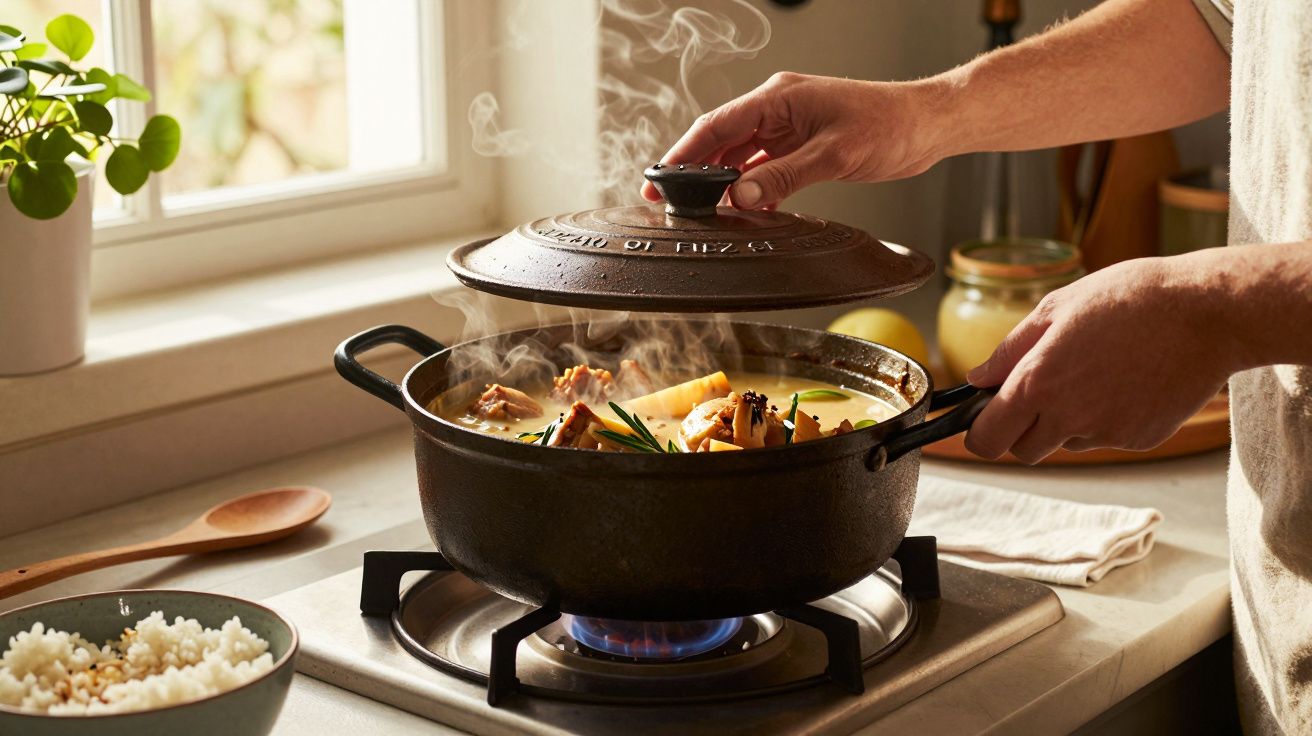 Pessoa a levantar tampa de panela fumegante com comida, ao lado de uma janela e uma taça de arroz cozido.