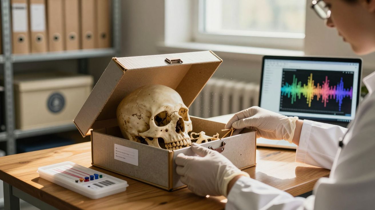 Pessoa com luvas examina crânio numa caixa, mesa de madeira, monitor com gráfico ao fundo.