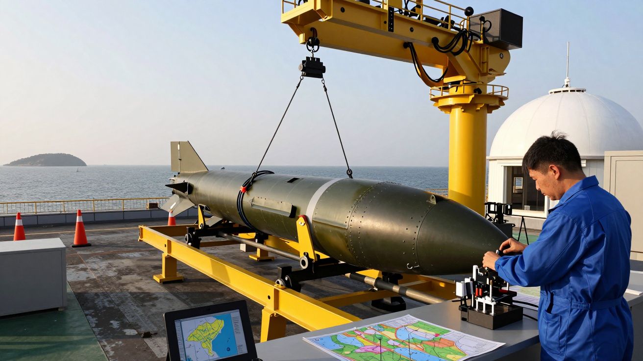 Homem em uniforme azul opera maquinaria, manipulando míssil em cais com vista para o mar e ilha ao fundo.