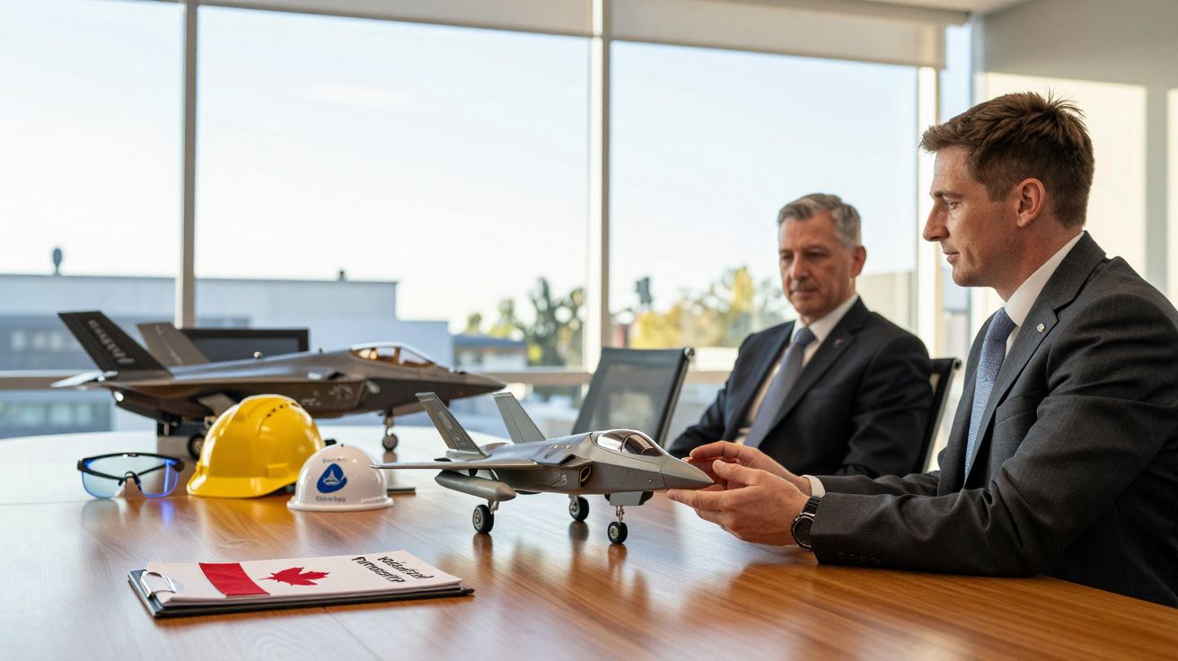 Duas pessoas discutem modelos de aviões numa mesa com capacetes, óculos e uma bandeira do Canadá.