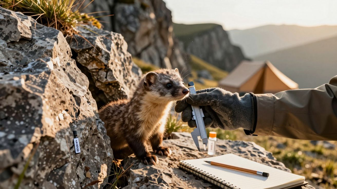Animal parecido com uma fuinha é medido por pesquisador com pinça em montanha, caderno e lápis ao lado.