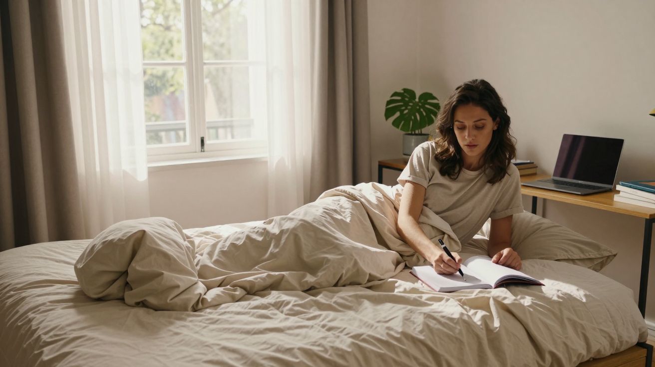 Mulher deitada numa cama escrevendo num caderno, com portátil ao lado e janela ao fundo.