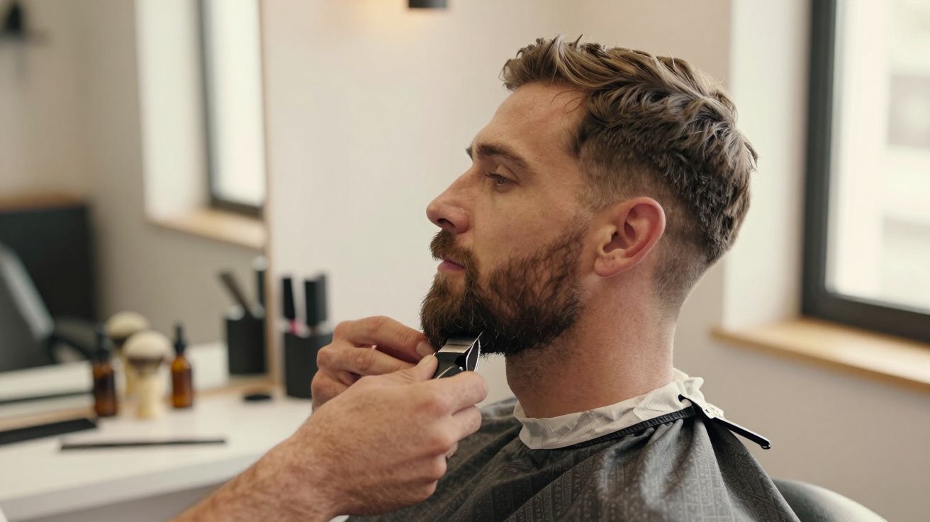 Homem a receber corte de barba num salão de cabeleireiro.