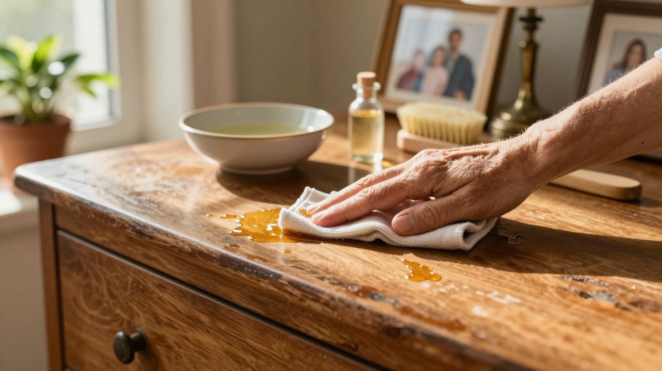 Mão a limpar uma superfície de madeira com um pano, ao lado de um recipiente e fotografias em molduras.