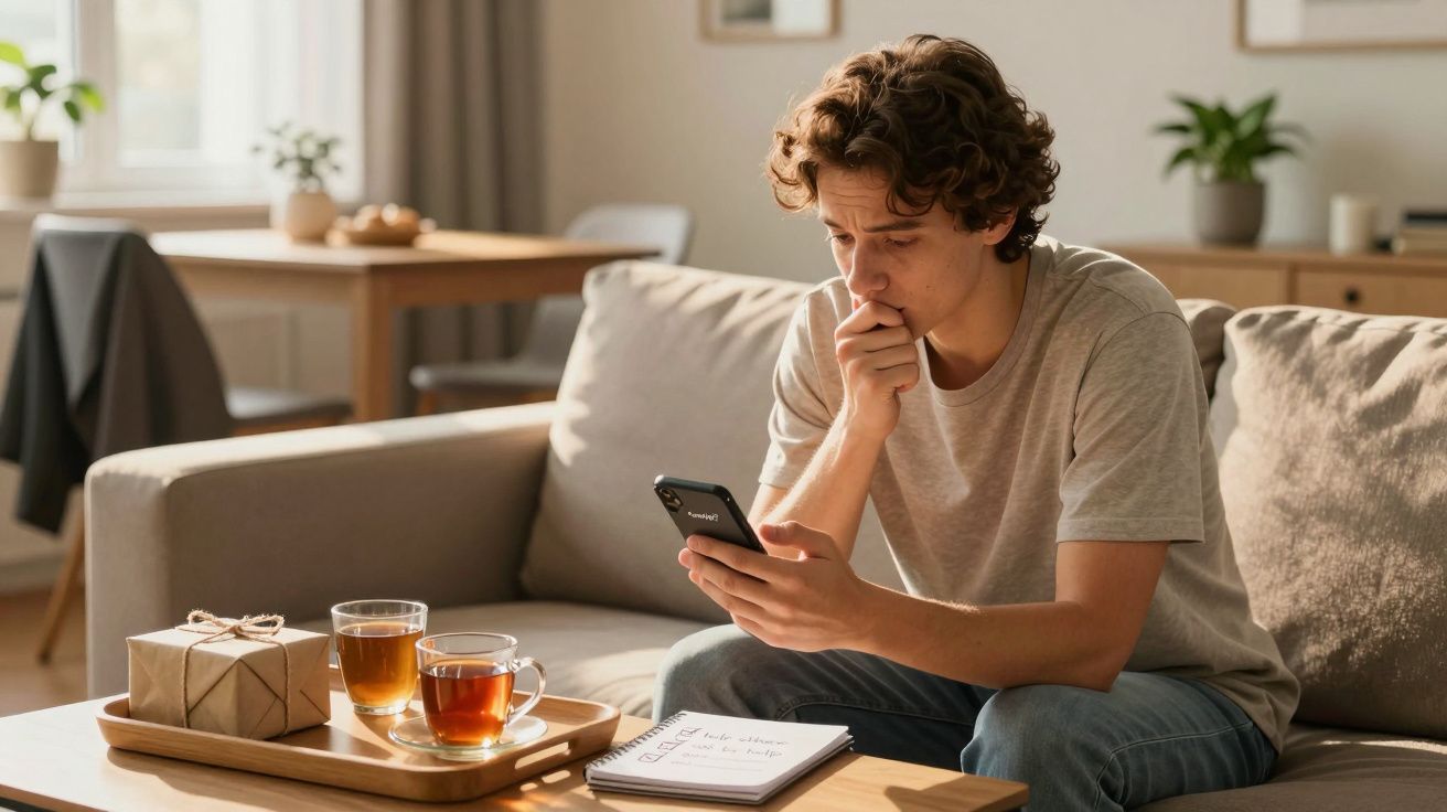 Jovem sentado no sofá, a olhar para o telemóvel, com duas chávenas e um presente sobre a mesa.