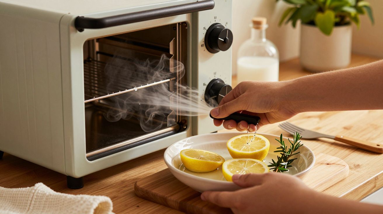 Mão pulveriza água sobre limões numa mesa de madeira, com forno tostador e planta ao fundo.