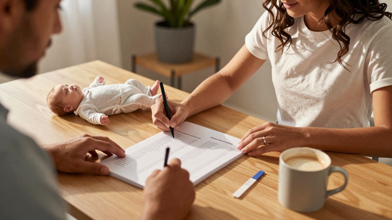 Casal preenchendo documento com bebé ao lado; chávena de café e teste de gravidez na mesa.