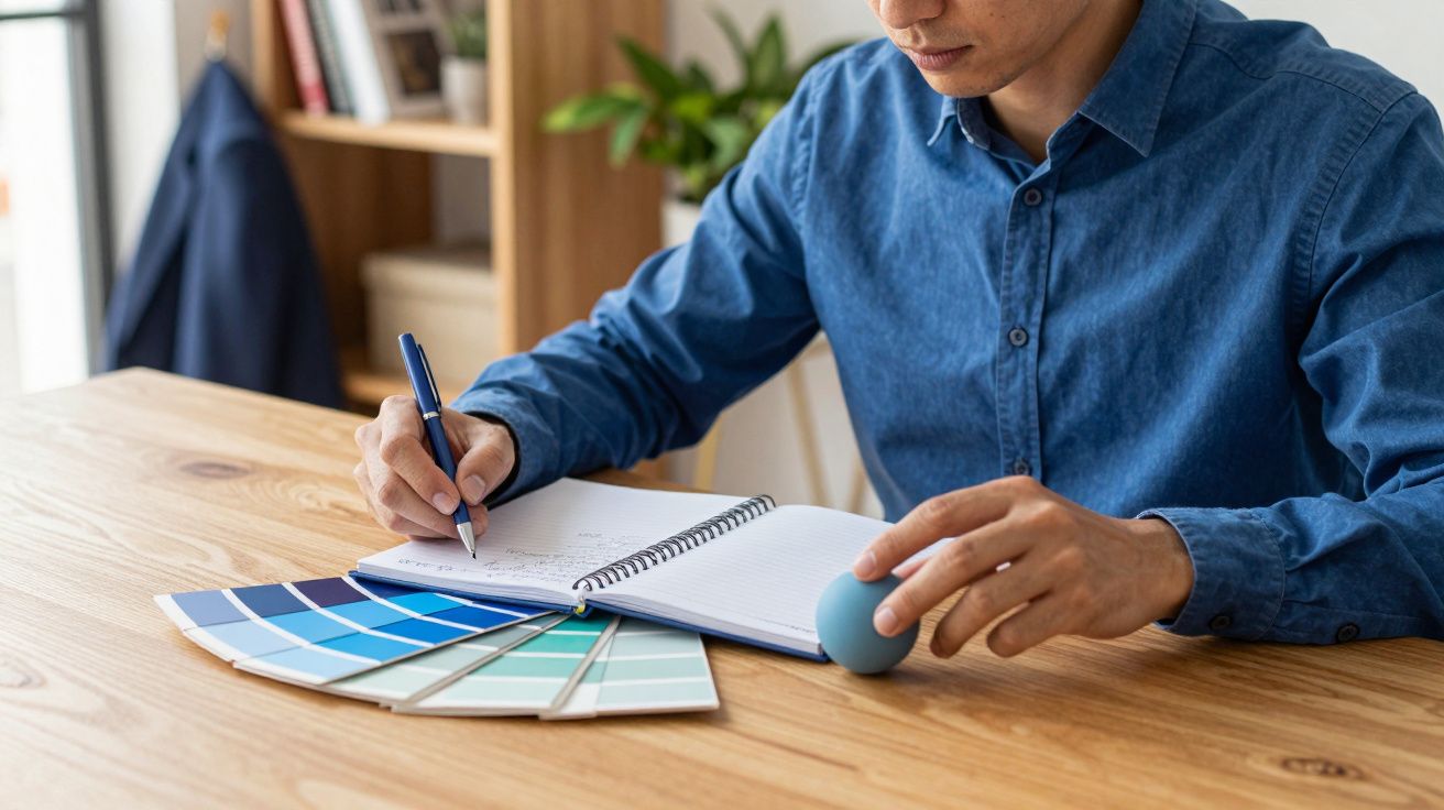 Homem fazendo anotações em caderno, segurando bola anti-stress, com paleta de cores azuis sobre a mesa.