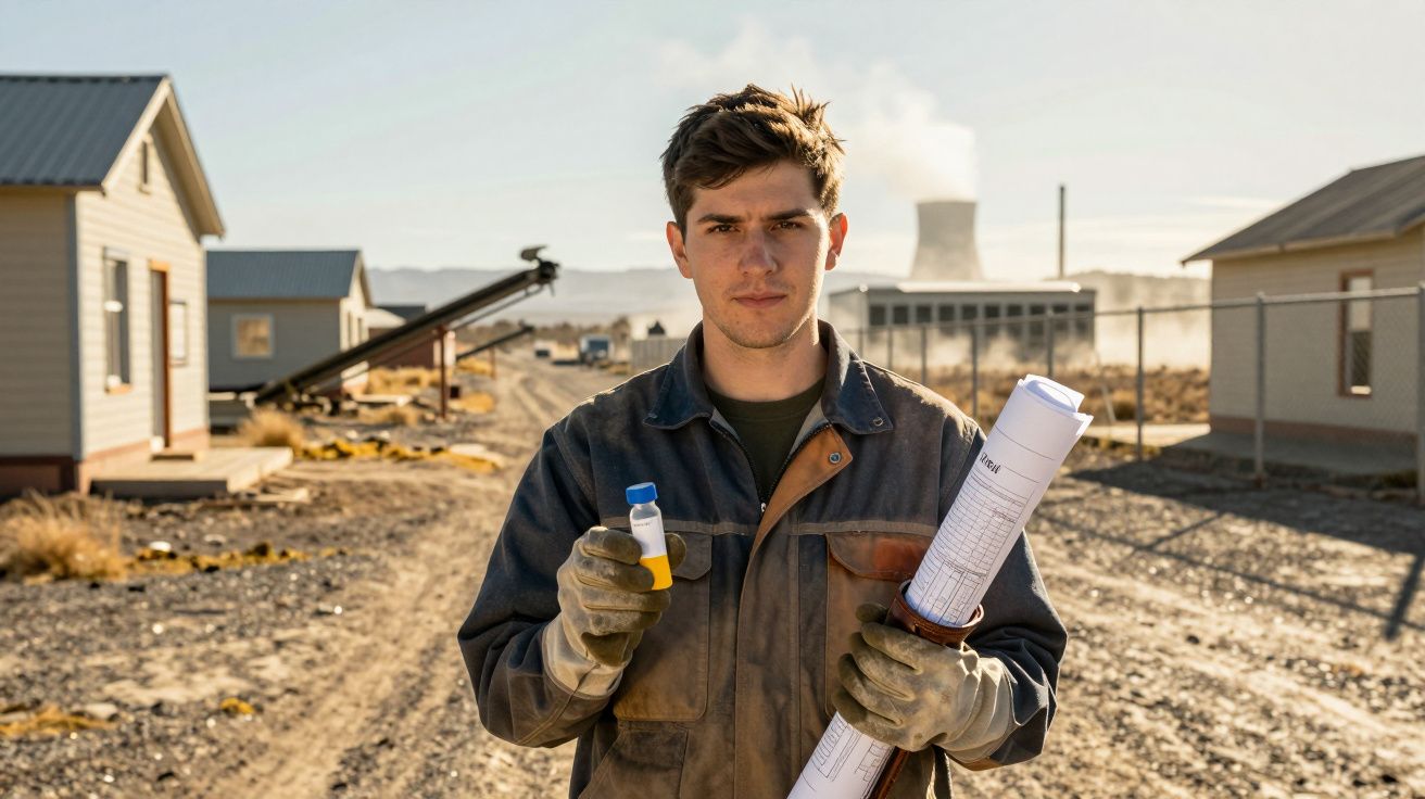 Homem com fato de trabalho segura mapa e frasco, em área industrial ao ar livre, com chaminés ao fundo.