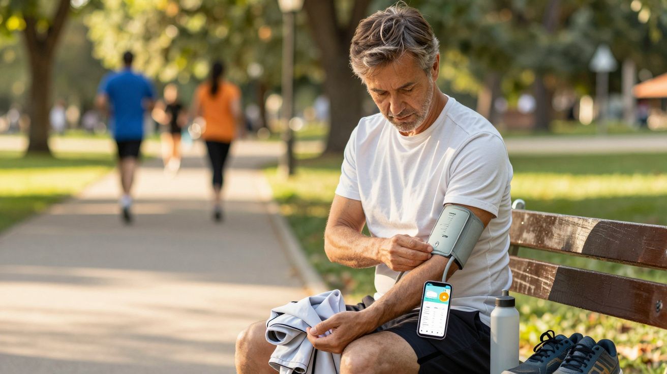 Homem sentado num banco do parque, medindo a pressão arterial com um dispositivo no braço.