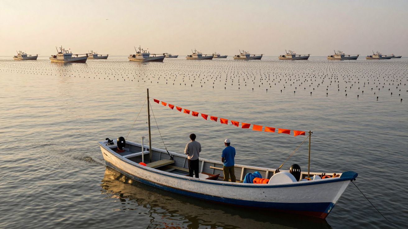 Barco de pesca com duas pessoas no mar, cercado por boias, com barcos ao fundo sob um céu claro.