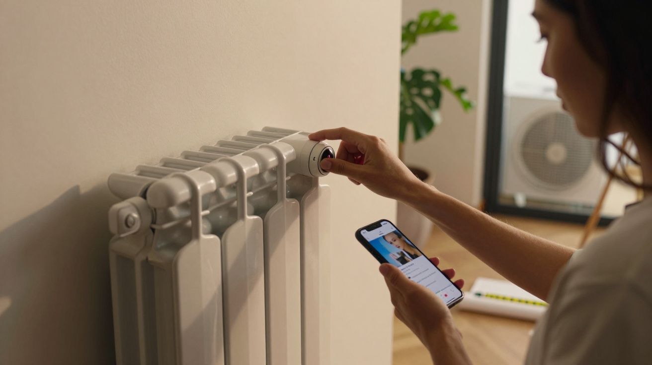 Mulher ajusta o termóstato do radiador com a mão enquanto segura um telemóvel na outra mão.