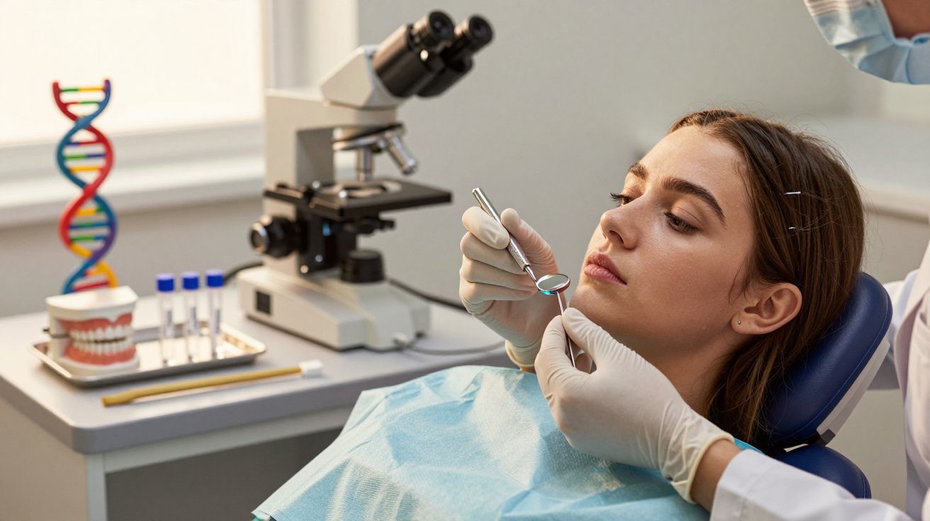 Dentista examina paciente mulher numa cadeira, com microscópio e amostras sobre a mesa ao fundo.