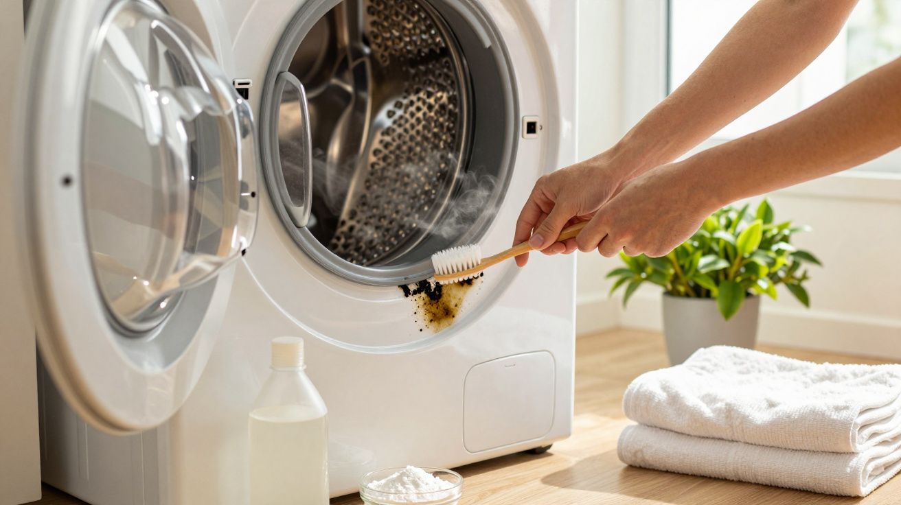 Pessoa a limpar máquina de lavar com escova, detergente natural ao lado, toalhas dobradas e planta ao fundo.