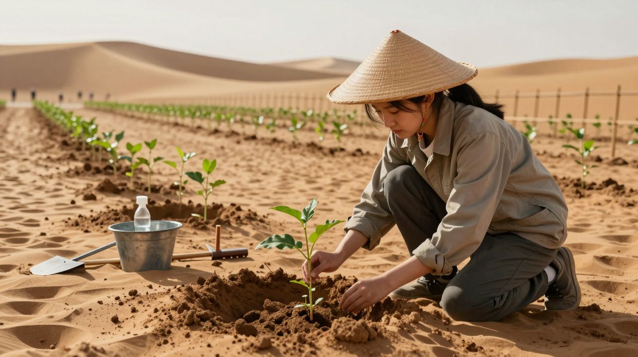 Jovem planta muda em solo arenoso, cercada por fileiras de plantas, usando chapéu típico e utensílios de jardinagem.