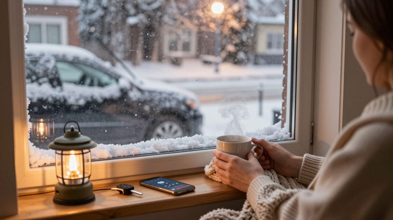 Mulher sentada à janela com chá, olhando para a neve lá fora. Lanterna e telemóvel na beira da janela.