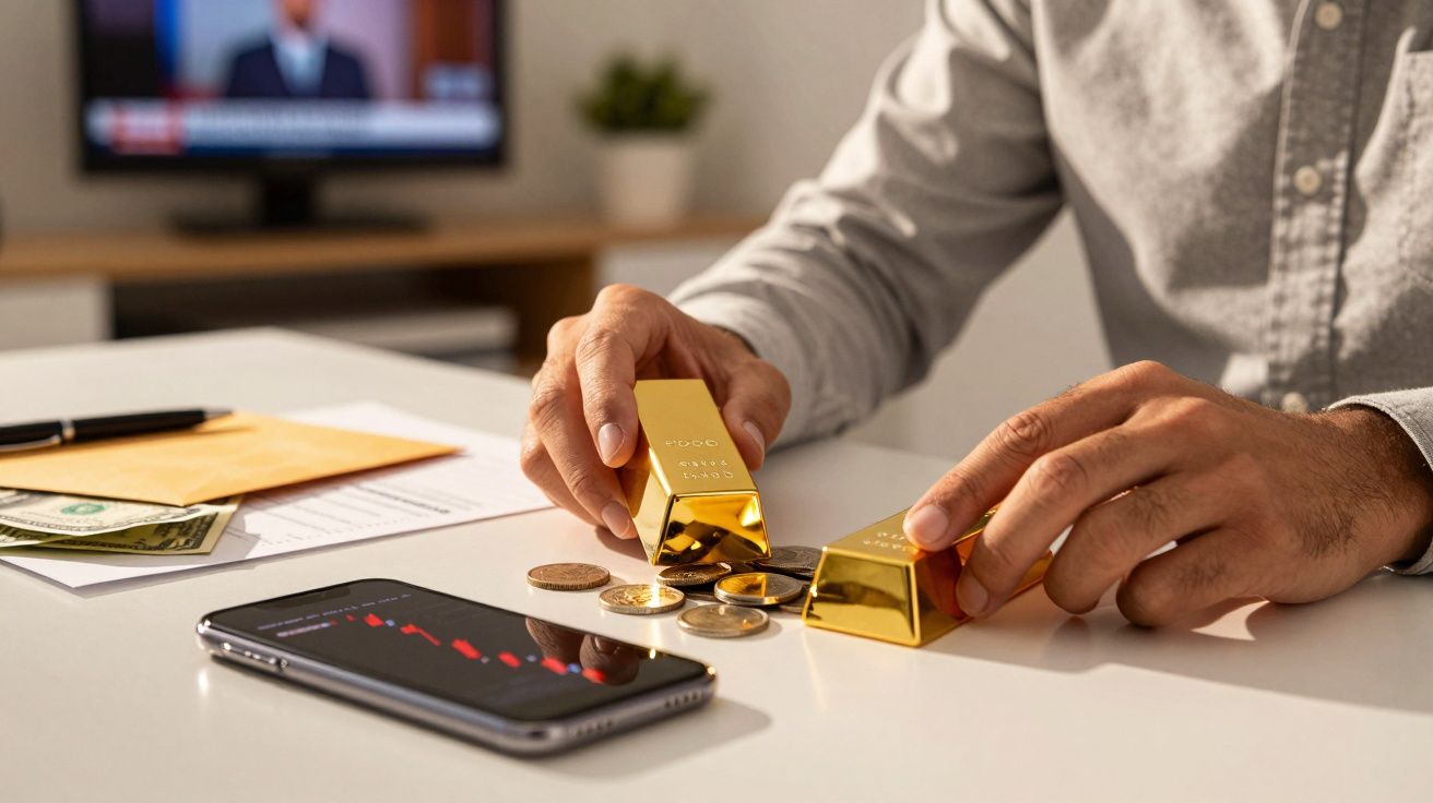 Pessoa a segurar barras de ouro numa mesa com moedas, um smartphone e documentos ao fundo.