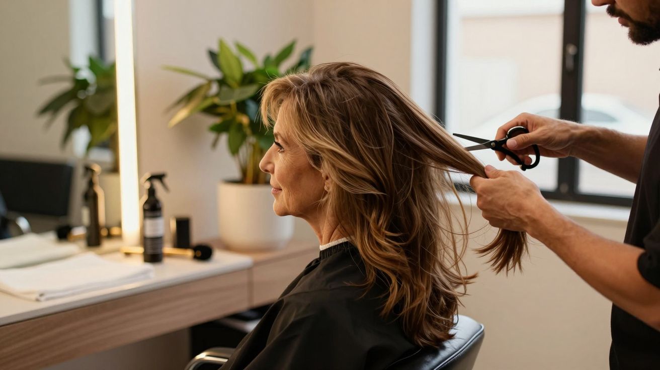 Mulher num cabeleireiro a cortar o cabelo longo, sentada numa cadeira, com plantas e garrafas ao fundo.