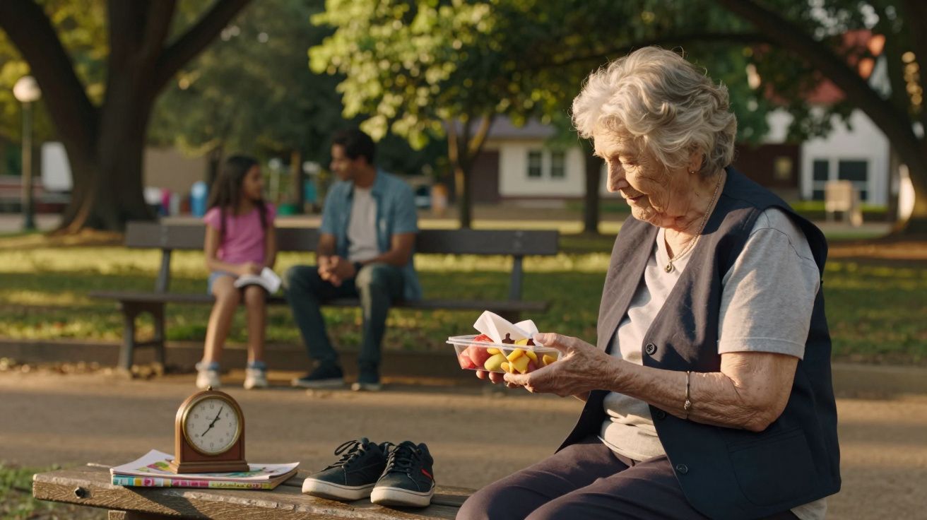 Idosa sentada no banco do parque segura caixa de fruta; ao fundo, homem e criança conversam em outro banco.