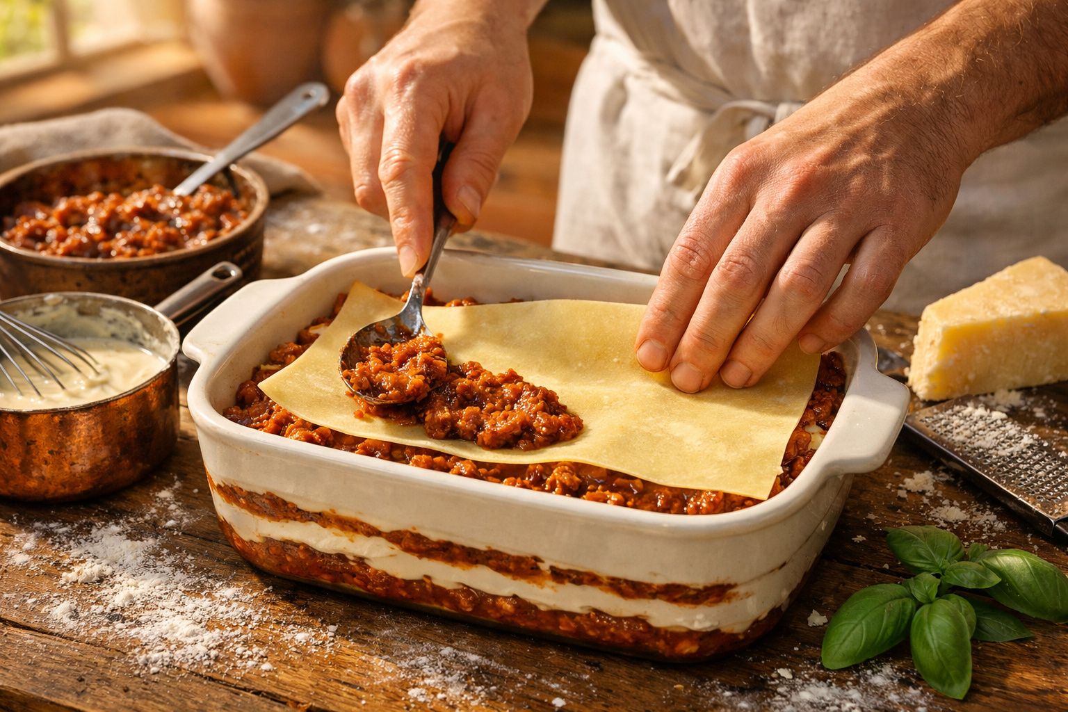 Pessoa prepara lasanha, colocando uma folha de massa sobre carne picada num tabuleiro. Há queijo e manjericão ao lado.