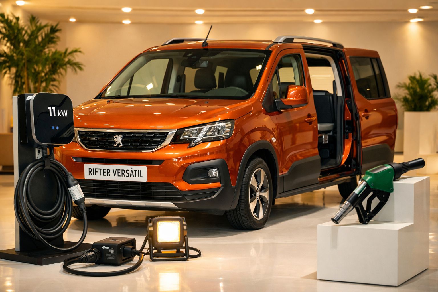 Carro laranja Peugeot Rifter com portas abertas, carregador elétrico e bomba de gasolina ao lado em exposição interior.