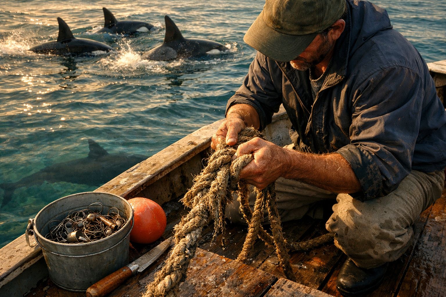 Pescadores puxam uma corda do mar numa embarcação, com duas orcas ao fundo na água.