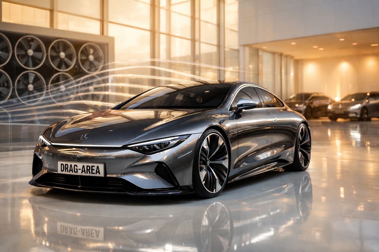 Carro desportivo prateado em exposição numa sala com ventoinhas grandes ao fundo, refletindo as luzes no chão brilhante.