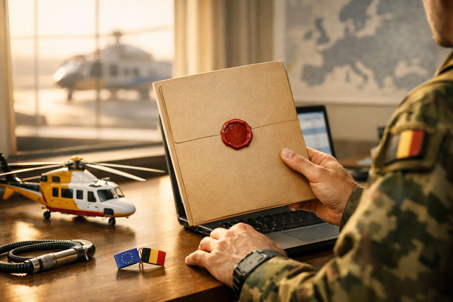 Militar segura pasta lacrada num escritório com maquete de helicóptero e bandeiras da UE e nacional sobre a mesa.