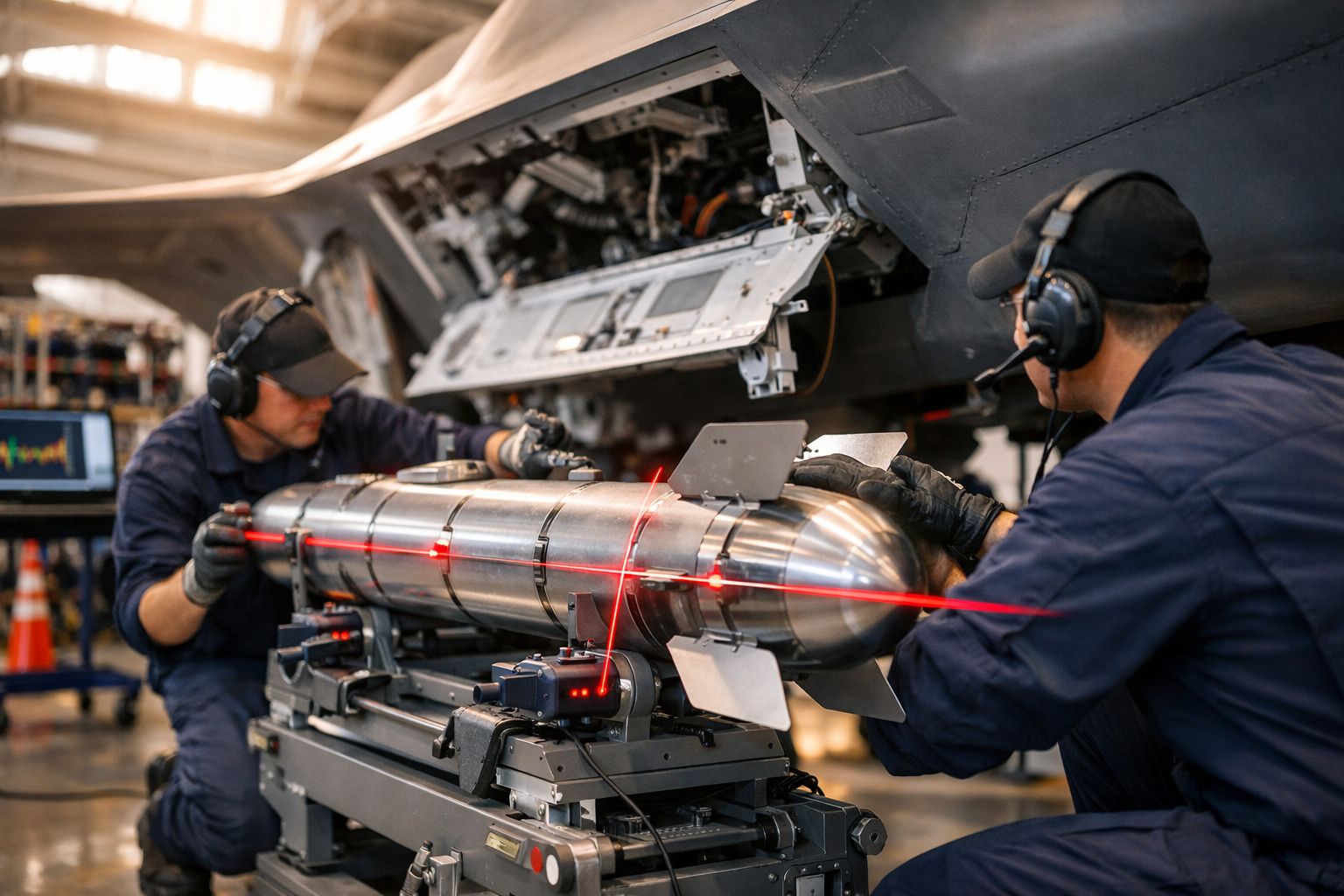 Dois técnicos trabalham num hangar com um míssil Meteor, em frente a um caça.