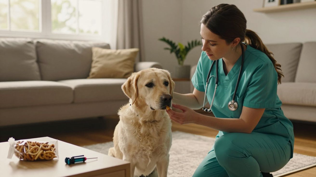 Veterinária com estetoscópio examina um labrador na sala de estar, ao lado de uma mesa.