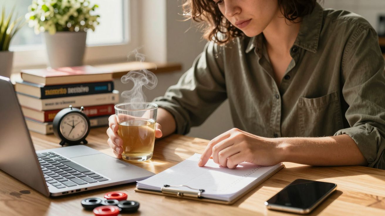 Pessoa a estudar numa mesa com portátil, chá, telemóvel, caderno, relógio e plantas ao fundo.