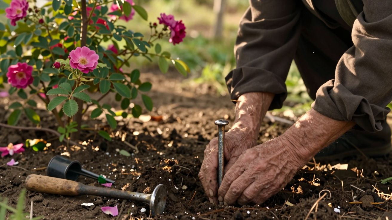 Mãos de pessoa idosa cuidam de rosas no jardim, utilizando ferramentas de jardinagem no solo.