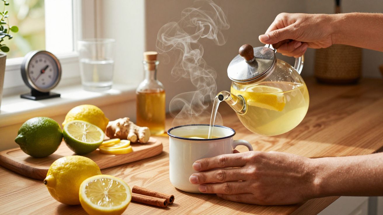 Pessoa a servir chá de limão a fumegar em caneca, com limões e gengibre ao lado.