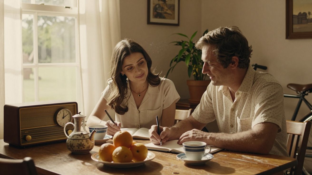 Casal sentado à mesa, tomando café, a escrever. Rádio antigo e tigela de frutas no centro da mesa.