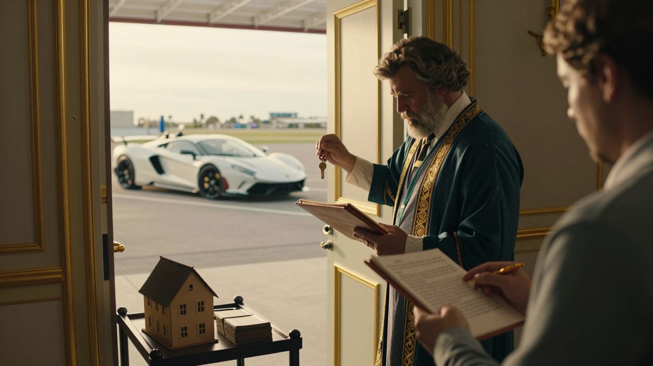 Homem segurando chave na porta com carro desportivo branco ao fundo, ao lado de modelo de casa em mesa.